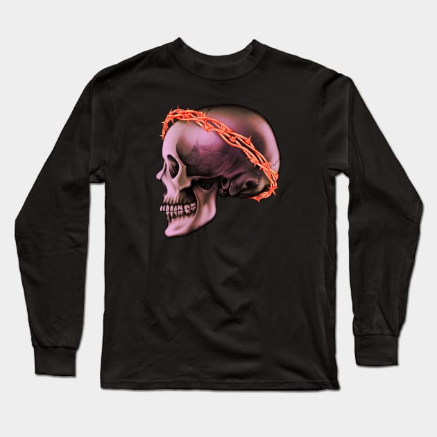 Human Skull V3 BarbedWire Long Sleeve T-Shirt by Crude Casey